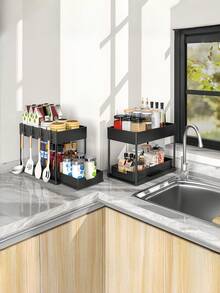 1 Piece Double Layer Pull Out Cabinet Shelf Slide Out Under Sink Storage Rack Adjustable Kitchen Organizer Multipurpose Space Saving Counter Holder For Bathroom Pantry Home Utility - Black - View 2