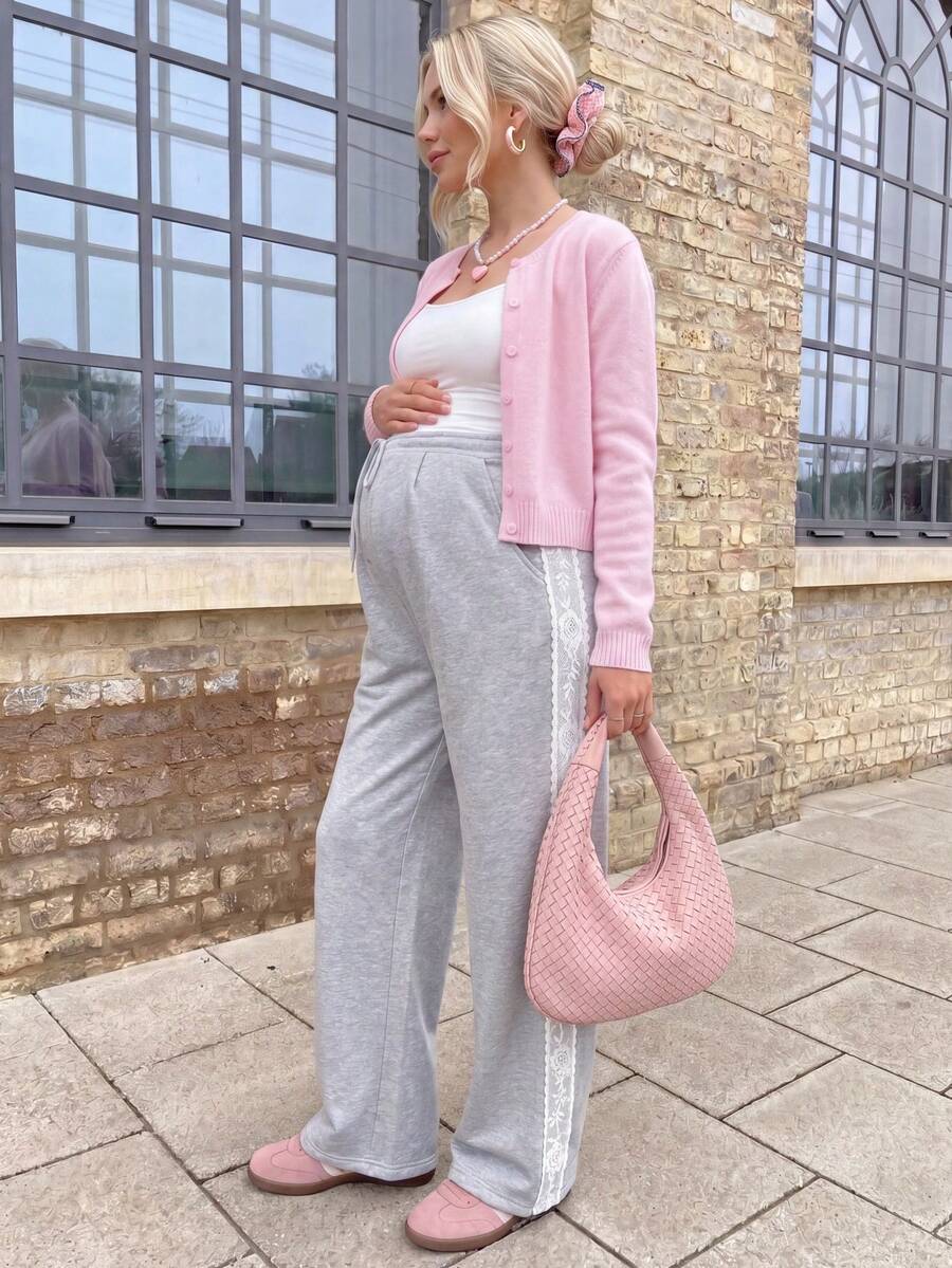 Lyckli Maternity Side Contrast Lace Drawstring Waist Pocket Wide Leg Casual Long Pants Winter - Grey - View 1