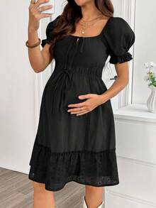 Boho Mama Umstandsmode elegantes lässiges Kleid mit Spitzenbesatz, gerafft, mit Bindeband vorne, für Fotoshootings, schwarz, Sommer - Weiss - Übersicht 6