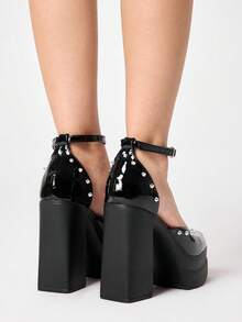 ROMWE Grunge Punk Ladies Street Nightclub Solid Color Glossy Mary Jane Platform High Heel Shoes Punk Goth Vintage Metal Rivets - Black - View 5