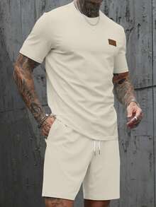 Manfinity Homme Men's Leather Patch Decor Casual Fitted T-Shirt Set - Apricot - View 3