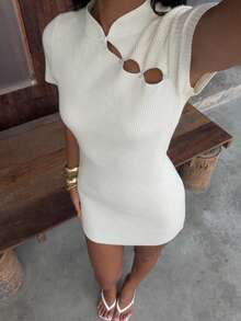 SHEIN BAE Vestido de suéter ajustado de punto acanalado para mujer con cuello alto y escote asimétrico - Beis - Ver 8