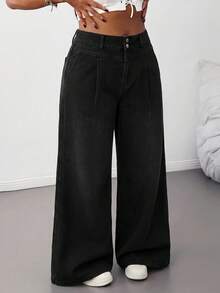 SHEIN Tall CURVE 大尺碼時尚百搭口袋鈕扣寬鬆牛仔褲 女款牛仔女孩風冬季秋季服飾 - 黑色 - 查看 6