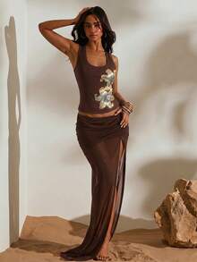 Opulessa Spring/Summer Vacation Solid Color Knit Fitted Women's Tank Top - Brown - View 4