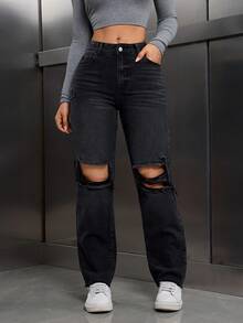 SHEIN Tall Jeans de mezclilla casuales desgastados para mujer con bolsillos con botones delanteros, estilo básico, para mujeres altas - Negro - Ver 7