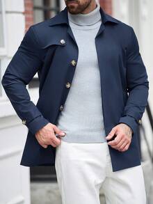 Manfinity Mode Men's Solid Color Single-Breasted Fashion Versatile Daily Casual Trench Coat Jacket - Navy Blue - View 3