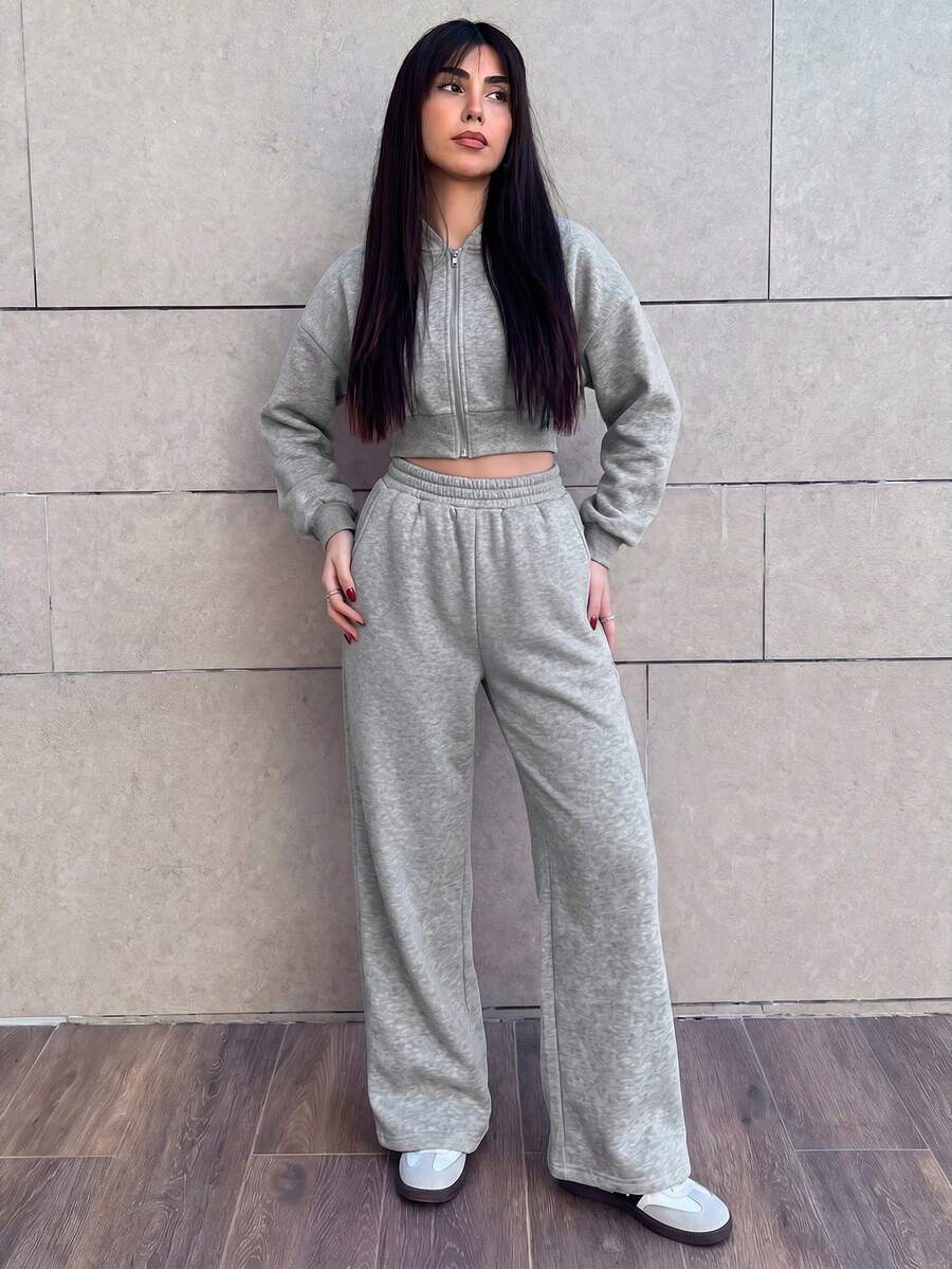 Hitanina 女款春季時尚粉色前拉鍊連帽衛衣與長褲兩件套 優雅 - 灰色 - 查看 1