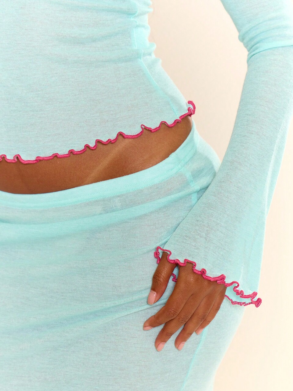 Blue Long Sleeve Lettuce Hem Contrast Stitch Top