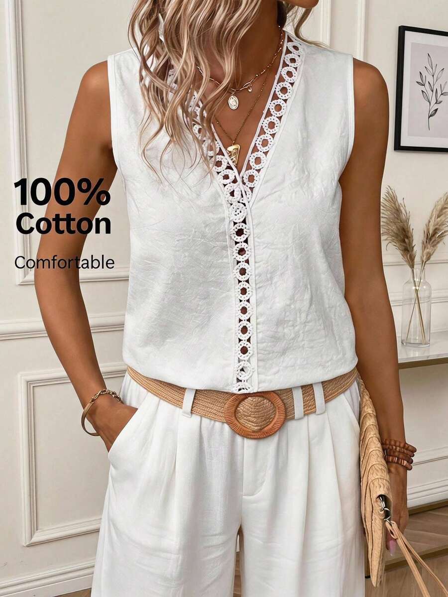Easowa Guipure Lace Panel Sleeveless Blouse - White - View 1