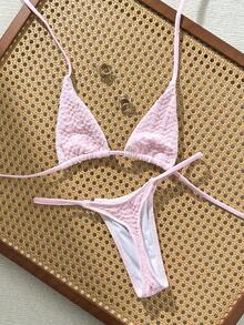 Swim SXY 女款夏季海灘純色掛脖綁帶性感時尚比基尼兩件式泳衣套裝 - 淺粉色 - 查看 5
