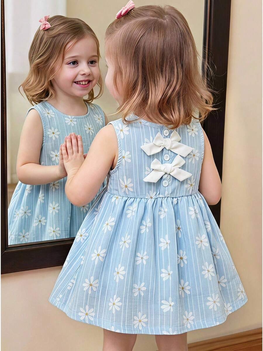 SHEIN Vintaside Kids 女嬰 3個月-3歲洋裝,1件休閒可愛日常風格秋季女童套裝,棕色蝴蝶結裝飾無袖蓬蓬洋裝 - 藍色 - 查看 1
