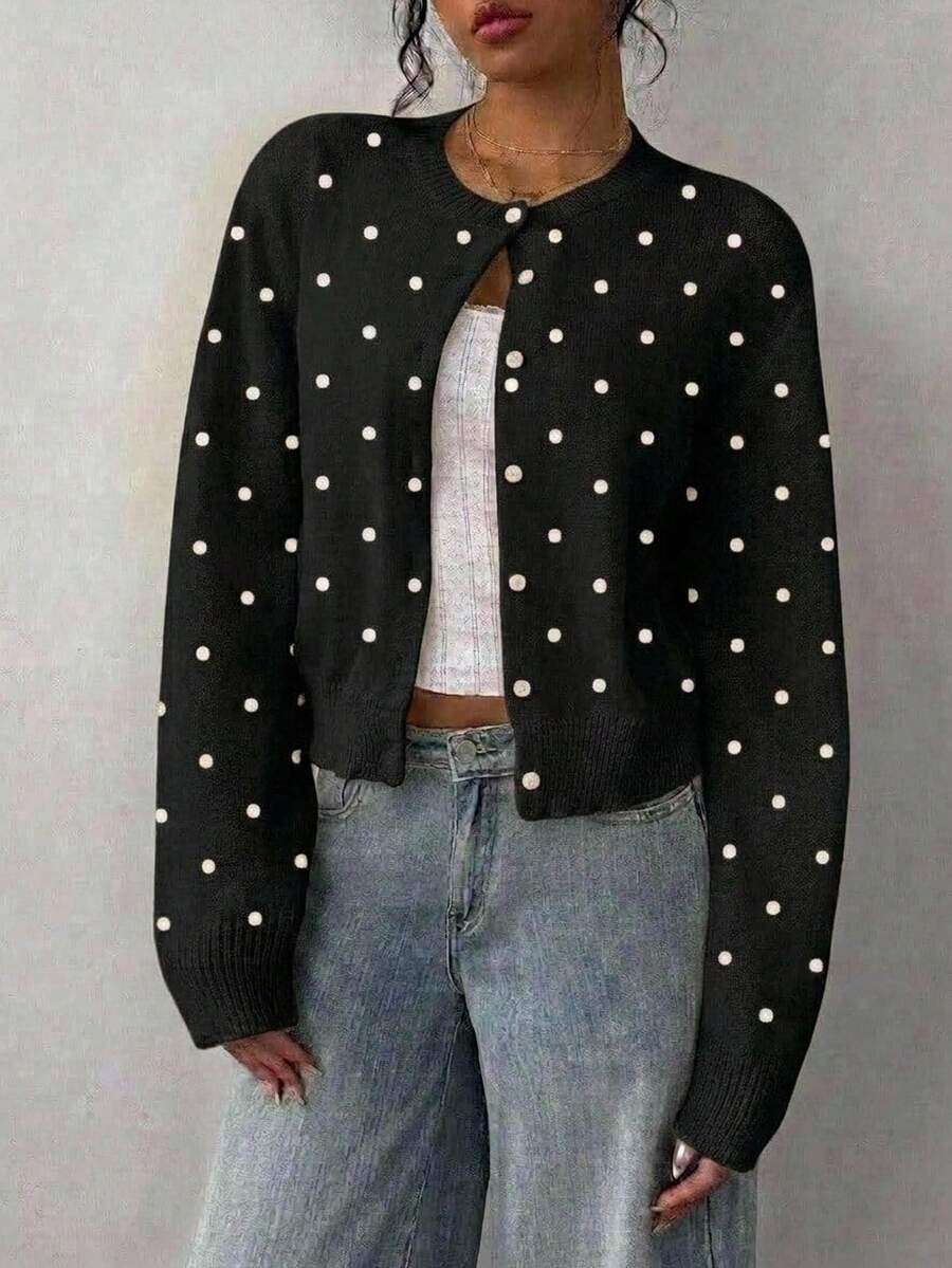 SHEIN BASICS 黑白波點長袖針織開襟衫,時尚優雅,休閒約會通勤秋季款 - 黑色 - 查看 1