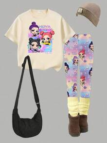 SHEIN 春夏秋季女童休闲时尚创意个性清新简约可爱虚拟少女组合卡通人物彩色五角星星月钻石爱心渐变印花短袖T恤和打底裤套装，舒适日常穿着，温暖夏秋风格 - 彩色 - 查看 4