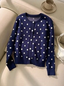 SHEIN 女童秋冬返校季精緻珍珠櫻花花卉新款長袖針織開襟毛衣外套 - 藍色 - 查看 2