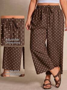 Elaquor Plus Size Women's Casual Polka Dot Pattern Drawstring Wide Leg Pants Fall - Multicolor - View 2