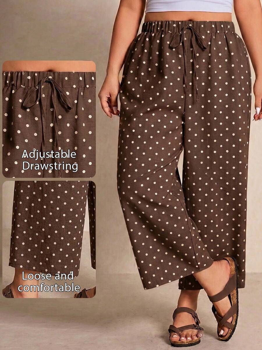 Elaquor Plus Size Women's Casual Polka Dot Pattern Drawstring Wide Leg Pants Fall