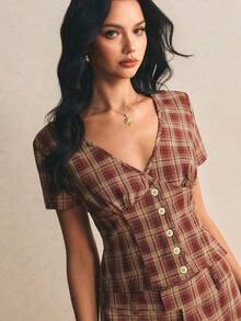 Poéselle 女士红色休闲格子衬衫短裤两件套，通勤必备，优雅女士套装，休闲套装，女士办公室着装，乡村音乐会着装，适合日常穿着、度假和办公场合，春夏格子套装，女士野餐套装，女士复古套装，女士格子短裤套装，女士复古套装，女士格子套装，棕色格子套装，格子短裤套装 - 紅色 - 查看 5