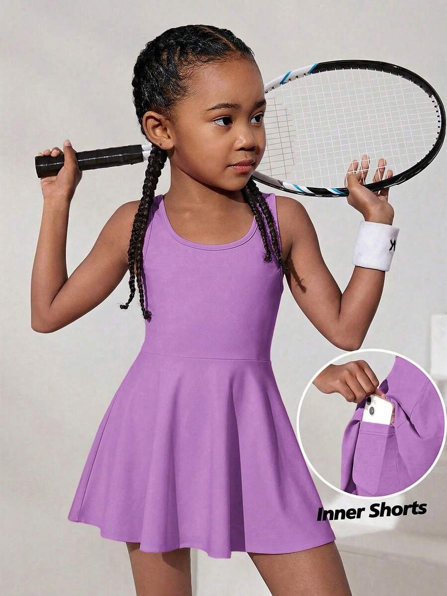 SHEIN Young Girl Solid Color Crew Neck Sleeveless Fitted Casual Dress Sportswear - Purple - View 1