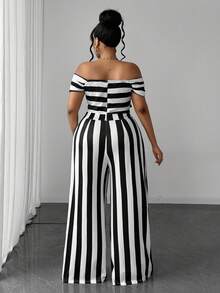 Maweii Plus Size Women's Off-Shoulder Striped Patchwork Casual Daily Jumpsuit - Black and White - View 2