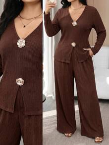 Modelyn Plus Size Women's Metal 3D Floral Decor Long Sleeve Top And Wide Leg Pants Elegant 2-Piece Set - Coffee Brown - View 1