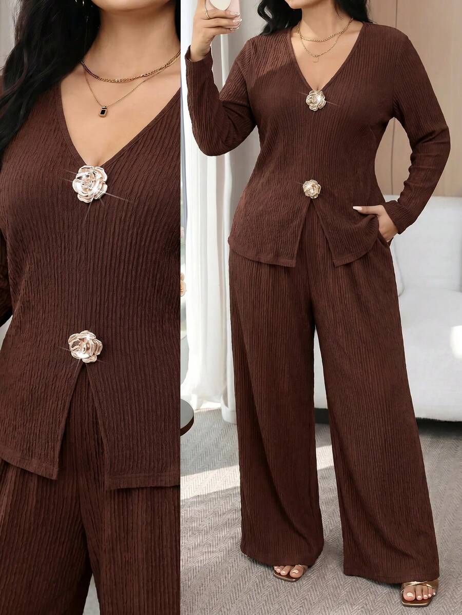 Modelyn Plus Size Women's Metal 3D Floral Decor Long Sleeve Top And Wide Leg Pants Elegant 2-Piece Set - Coffee Brown - View 1