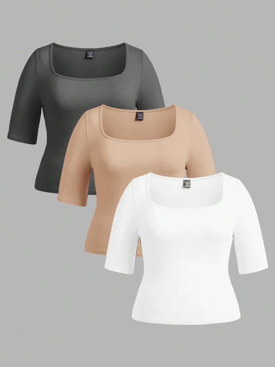 SHEIN BASICS 3件裝休閒純色針織方領短袖修身大尺碼T恤 - 彩色 - 查看 1