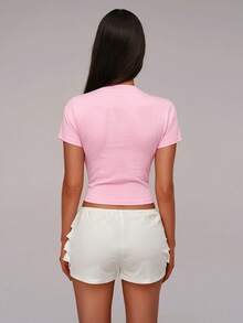 Nooralise Women's Pink Printed Short Sleeve Cropped T-Shirt, Y2K Style Everyday Summer - Pink - View 2