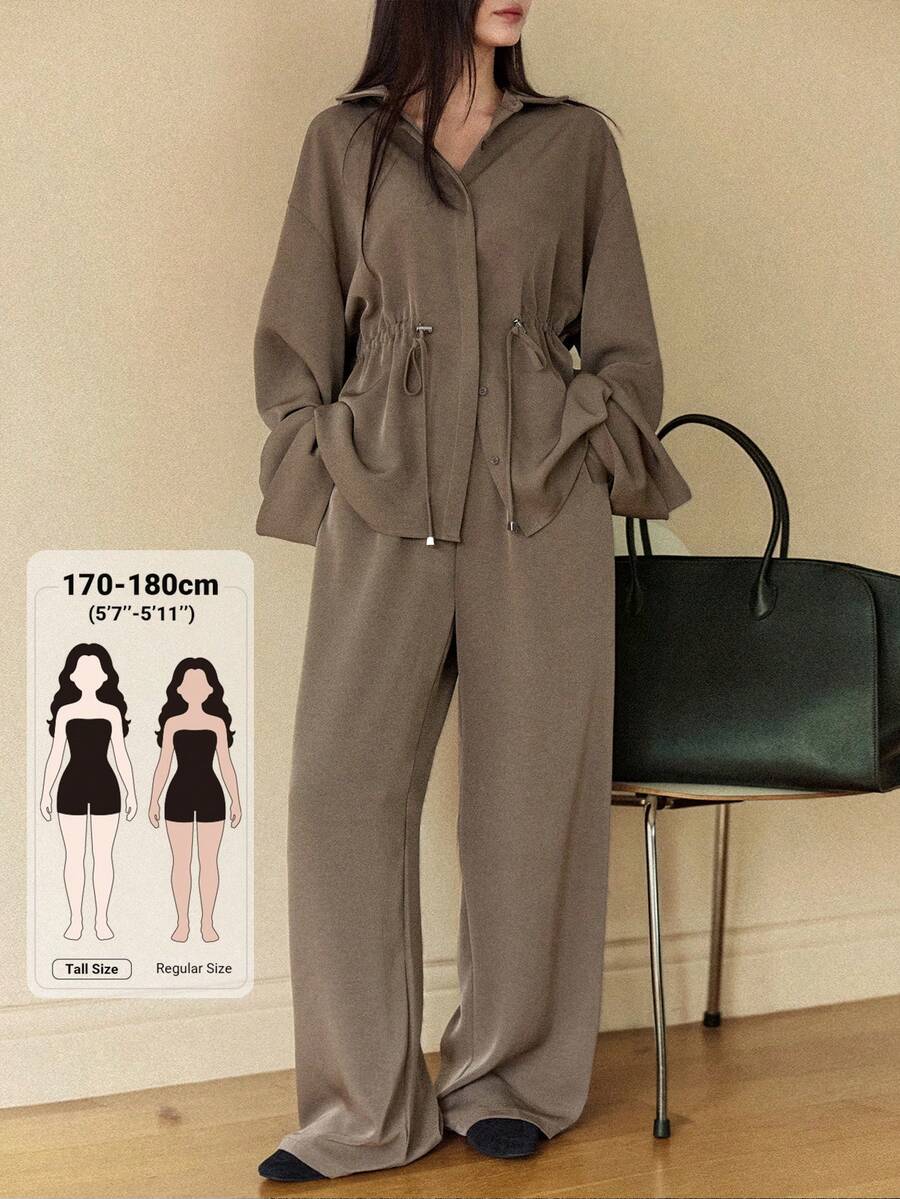 Dazy Tall 女款素色長袖上衣與長褲休閒日常套裝 - 卡其色 - 查看 1