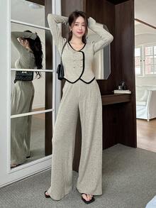 Dazy Tall Setelan Wanita 2 Potong Elegan: Atasan Lengan Pendek dan Celana Panjang Longgar dengan Motif Patchwork Colorblock, Set Pakaian Santai untuk Wanita - Aprikot - View 7