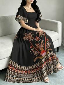 Modelyn Tropical Plant Print Elegant Dress For Women, Fashion Square Neck Cap Sleeve Dress, Ruffle Hem Design, Summer Vacation Style Bohemian Dress - Multicolor - View 3