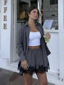 Siren Gaze Ensemble 2 pièces décontracté pour femme avec top à manches longues à rayures simple boutonnage et short avec bordure en dentelle pour le quotidien - Multicolore - Voir 12