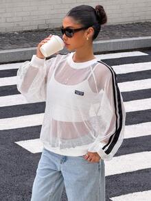 Muchica Women's Sheer Mesh Raglan-Sleeve T-Shirt Featuring A Center-Front Patch; Sexy Stylish Streetwear Y2k Brunch Black And White Striped Autumn - White - View 5