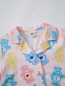 SHEIN X Care Bears Young Girl Cartoon Print Short Sleeve Top And Shorts Casual Daily Home Pajama Set - Pink - View 3