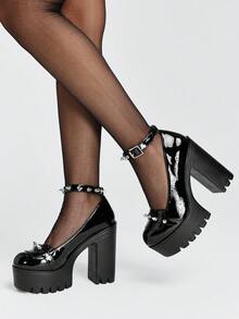 ROMWE Grunge Punk Ladies Sexy Platform Heels Fashion Solid Color Buckle Decorative Rivet Adjustable Buckle Holiday Party Travel Dating Mary Jane Women's Shoes - Bright black - View 4