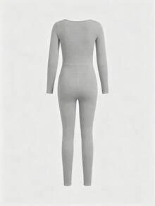 SHEIN Girlism 青少年女孩純色針織方領修身休閒連身褲 - 淺灰色 - 查看 2