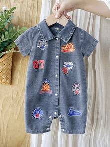 SHEIN Vintaside Kids 男嬰夏季運動數位籃球印花短袖連身衣 - 霧霾藍 - 查看 4