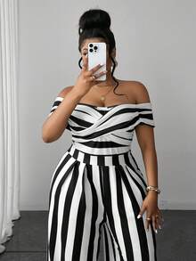 Maweii Plus Size Women's Off-Shoulder Striped Patchwork Casual Daily Jumpsuit - Black and White - View 7