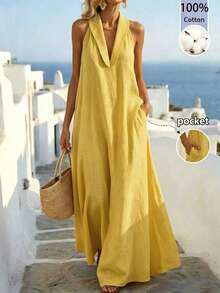 Balvessa Loose Elegant Modest Minimalist Vintage Relaxed Fit A-Line Sleeveless Dress For Women, Island Vacation Travel Beach Vacation Mustard Yellow Summer - Yellow - View 1