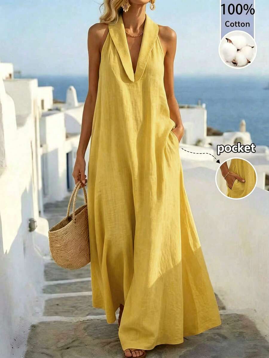 Balvessa Loose Elegant Modest Minimalist Vintage Relaxed Fit A-Line Sleeveless Dress For Women, Island Vacation Travel Beach Vacation Mustard Yellow Summer - Yellow - View 1