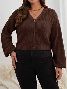 Shapeblank Cardigan de punto de manga larga con botonadura sencilla suave para talla grande - Marrón Chocolate - Ver 5