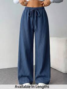 SHEIN Tall CURVE Women's Casual Lace-Up Straight Leg Pants, Suitable For Autumn Wear - Navy Blue - View 1