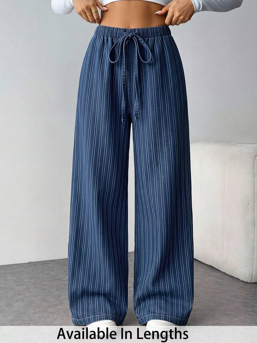 SHEIN Tall CURVE Women's Casual Lace-Up Straight Leg Pants, Suitable For Autumn Wear - Navy Blue - View 1