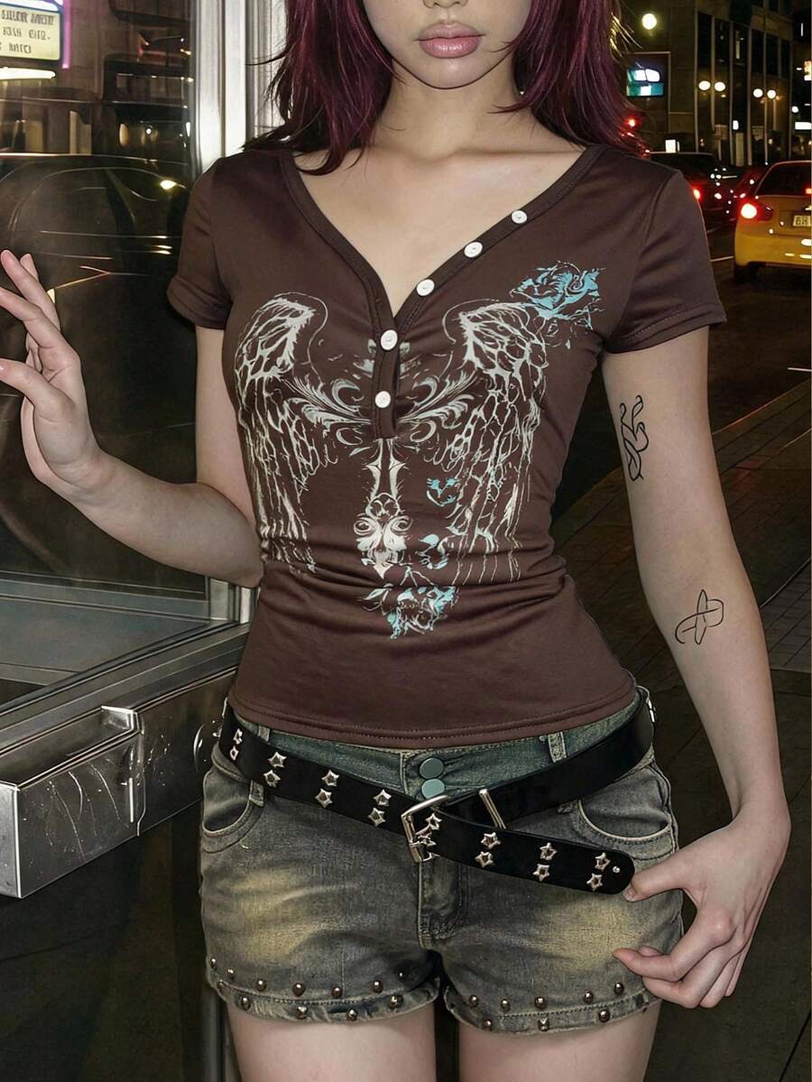 Bitrose 女式V领半拉链短袖印花透视T恤 - 彩色 - 查看 1
