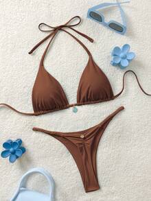 Soleia Women's Solid Color Swimwear Set For Vacation & Beach - Coffee Brown - View 1