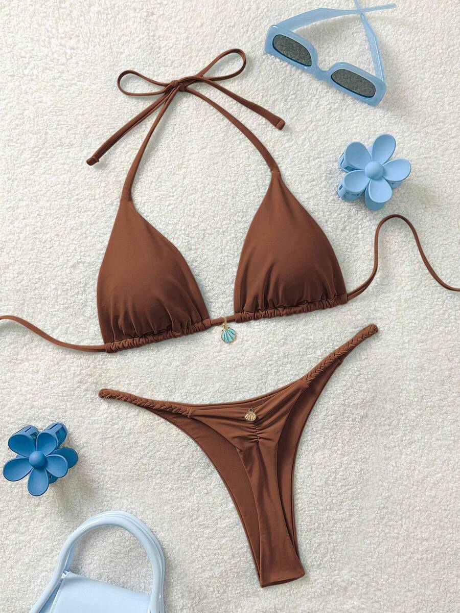 Soleia Women's Solid Color Swimwear Set For Vacation & Beach - Coffee Brown - View 1