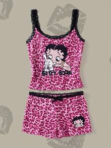 Betty Boop x SHEIN Women's Leopard Print Camisole Top And Shorts Pajama Set - Pink - View 1