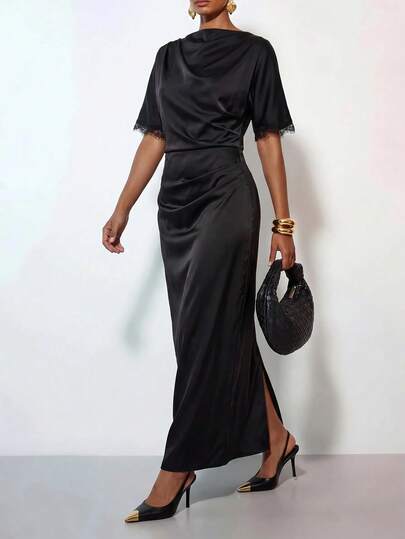 Zivah 2026 Spring/Summer New Music Festival Easter St. Patrick's Day Valentine's Day Date Western Style Nomadic Style Birthday Party Graduation Season College Style Student Wear Daily Street Wear Basic Versatile Casual Round Neck Short Sleeve Pleated Design Lace Patchwork Long Elegant Slit Black Dress