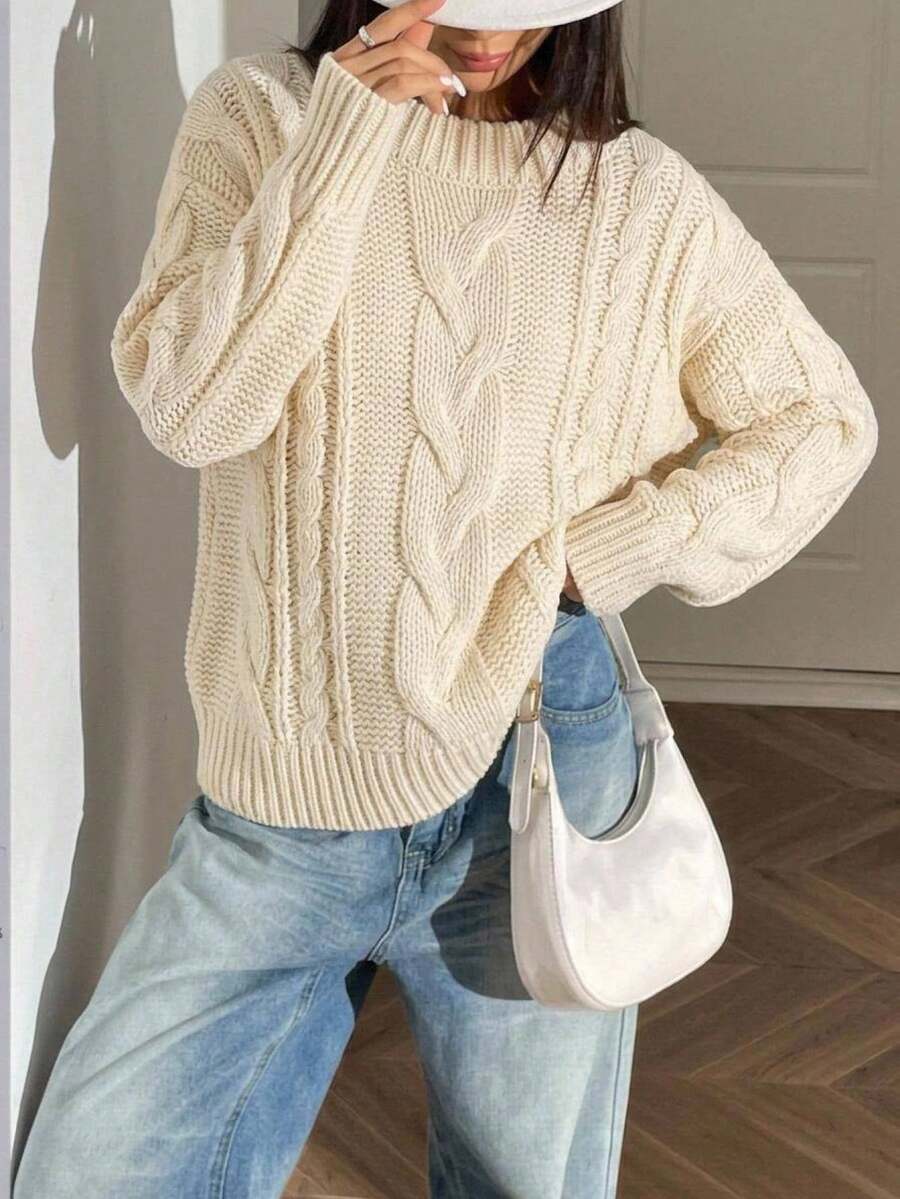 Kids Teen Girl Fall/Winter Casual Home Cable Knit Texture One-Word Collar Pullover Loose Drop Shoulder Long Sleeve Sweater Apricot Color Fall/Winter - Apricot - View 1