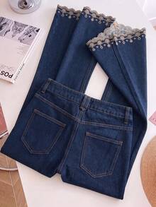 GlowEve Women's Elegant Loose Casual Straight Leg Pants With Contrast Color Embroidered Hem - Blue - View 2