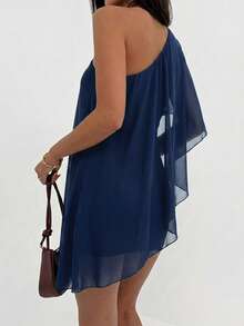 Aloruh Women's Solid Color One Shoulder Ruffle Fashion Mini Dress For Vacation - Navy Blue - View 2